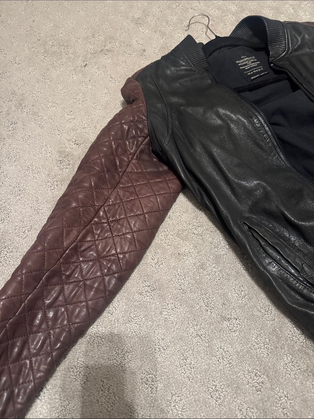 All Saints Two-Tone Quilted Sleeve Leather Bomber Jacket - Black & Brown - Picture 2 of 7